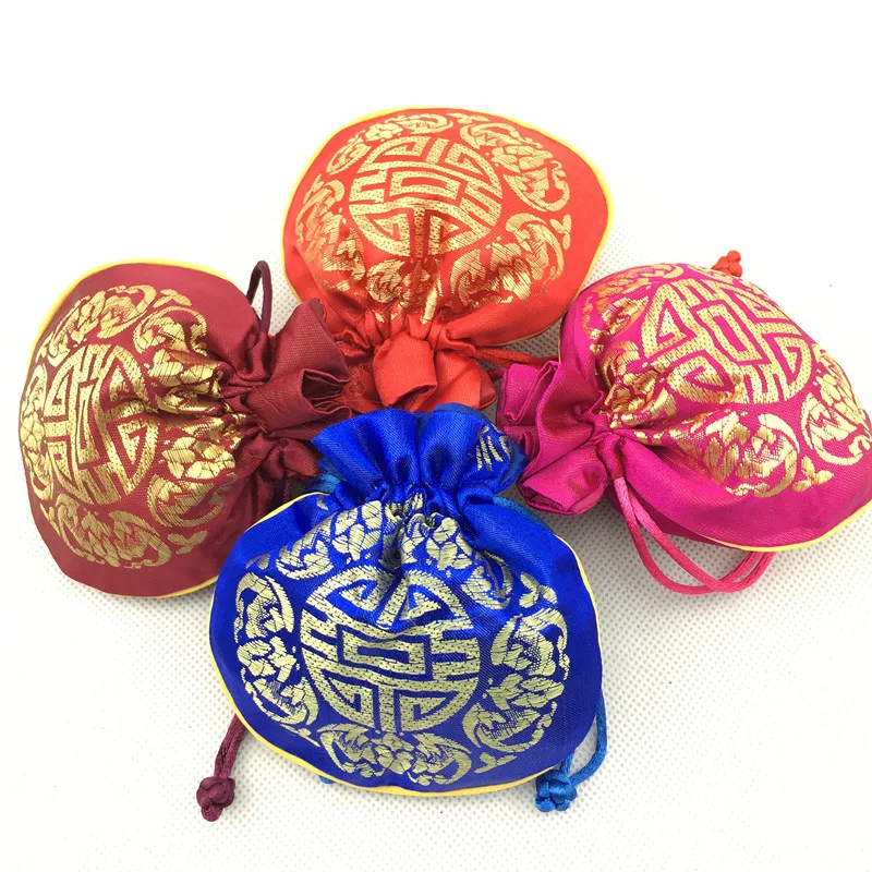 Chinese Joyous Pattern Small Silk Brocade Bag Drawstring Jewelry Gift Pouches Coin Pocket Empty Tea Candy Bag Wedding Party Favor