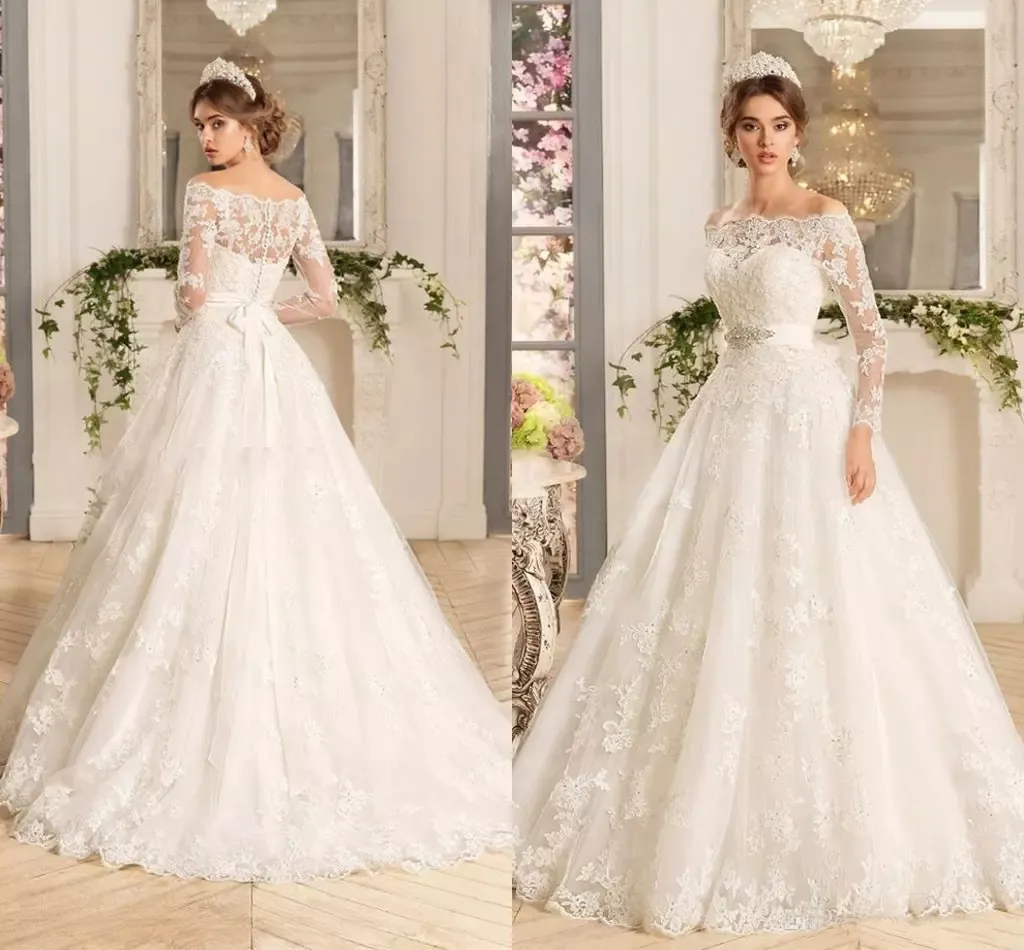 Manches longues personnalisées dentelle appliques une ligne robes de mariée pour mariée grande taille robes de mariée 2024 avec perles ceinture balayage train tulle grande taille robe de mariée