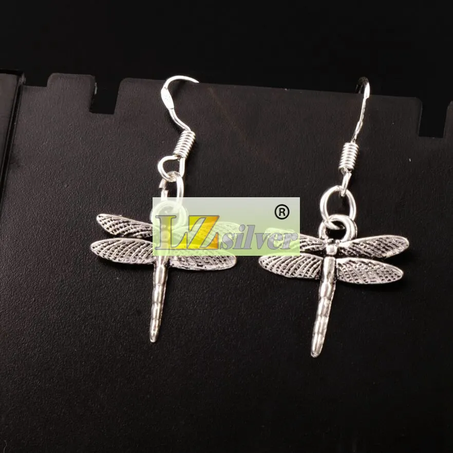 Luftfoil Flying Dragonfly Dangle Candelier Örhängen 925 Silver Fish Ear Hook / E968 17x32.5mm