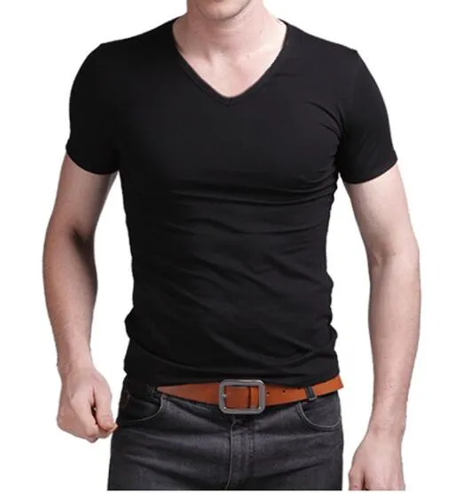 Wholesale-New Black Men's Cheap Clothes Slim Fit Cotton Stylish V-Neck Casual Short Sleeve Casual T-Shirt Tops. Free Shipping