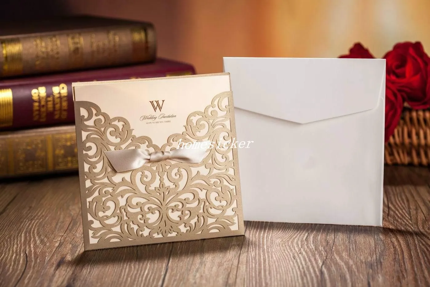 Cartões de convite de casamento com flor cortada a laser, fita personalizada para cartões de convite para festa de casamento oca dourada com envelope S3580700