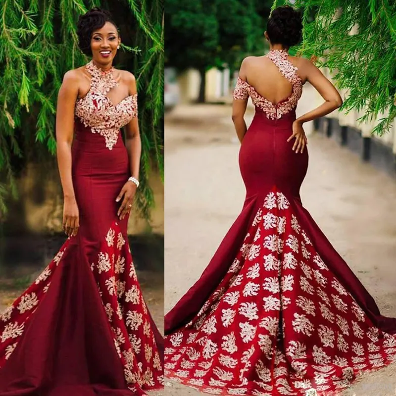 Unique Designer Burgundy Mermaid Prom Dresses High Neck Backless Long Sheath Evening Dresses For Black Girls Prom Gowns