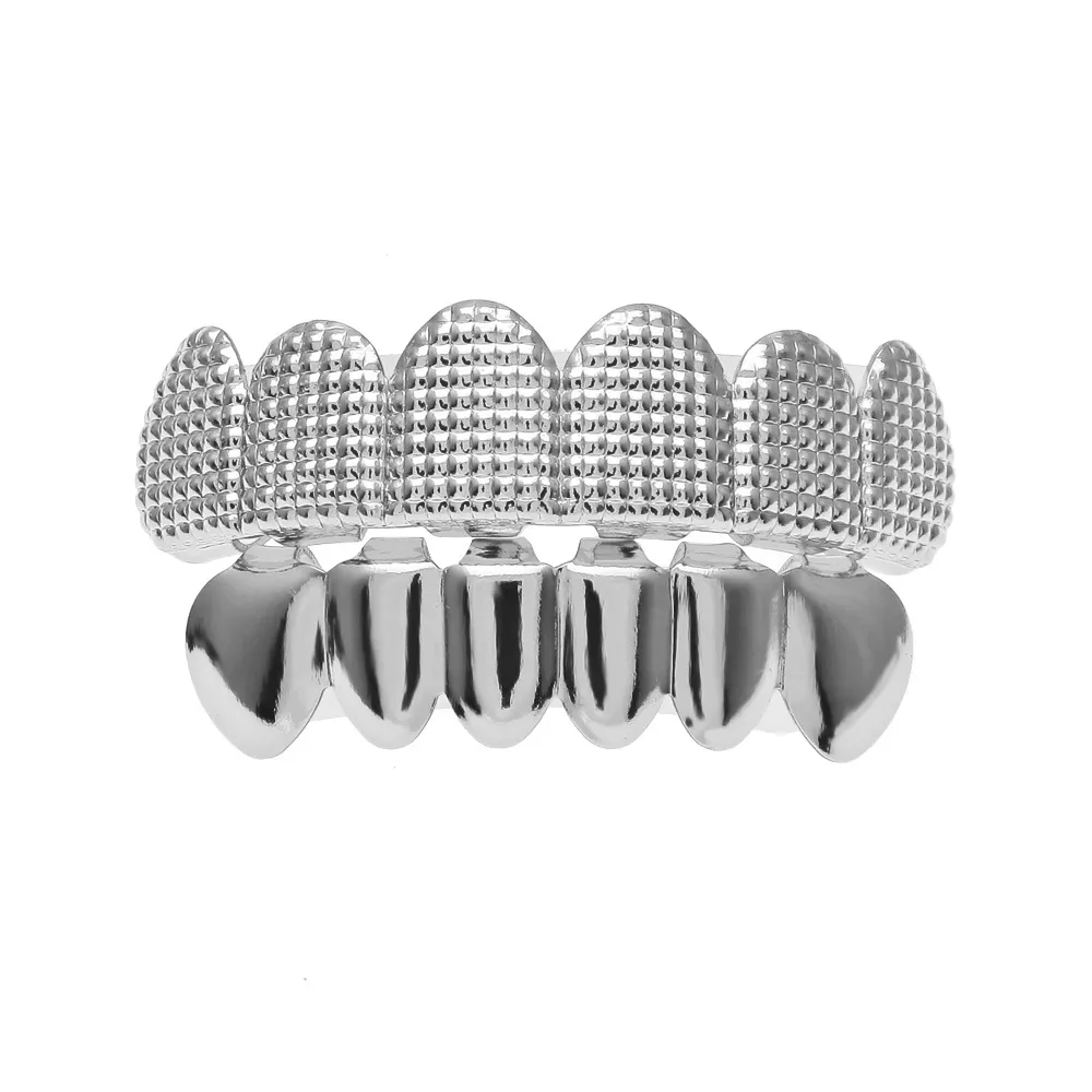 Grilles plaquées or 14 carats, barre supérieure et inférieure, style Hip Hop, bouche à 2 rangées, dents supérieures et inférieures