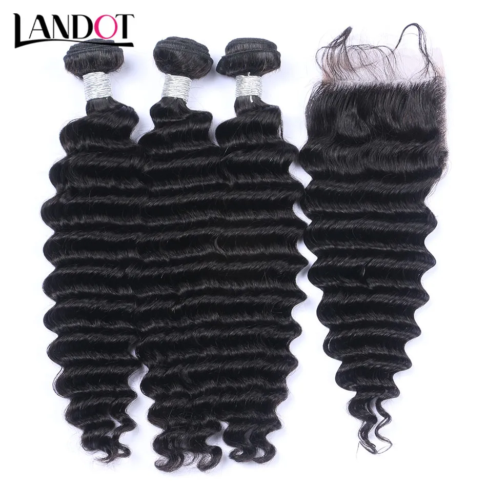 8A Lace Closure with 3 Bundles Brazilian Virgin Human Hair Weaves Unprocessed Straight Body Loose Deep Water Wave Kinky Curly Hair Closures