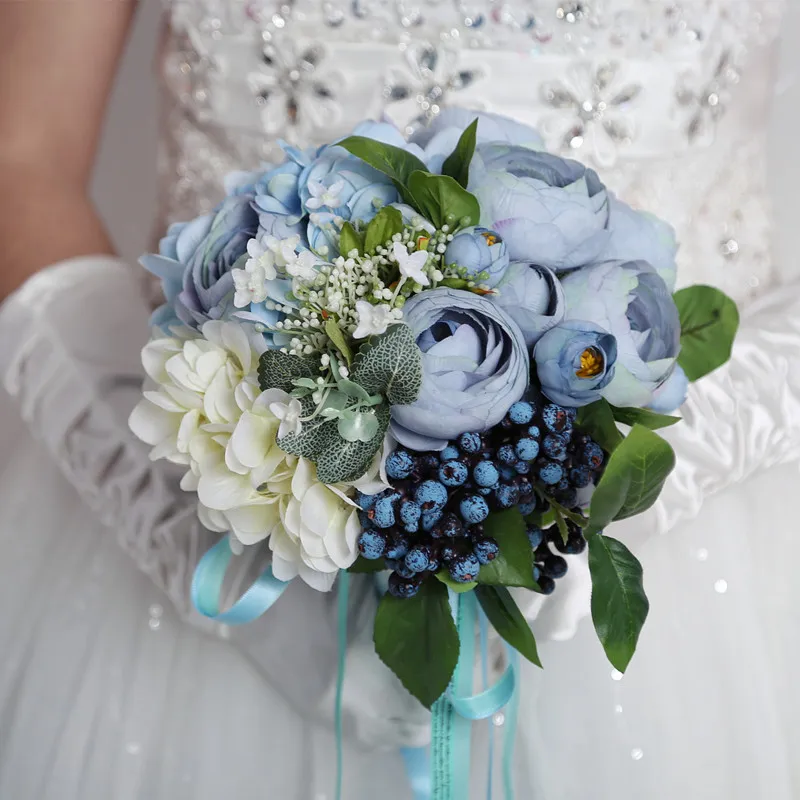 Elegante Brautsträuße, filigrane Blumen mit Spitze, Hochzeitsaccessoires, hochwertige Hochzeitssträuße aus dem Jahr 2017, Hellblau