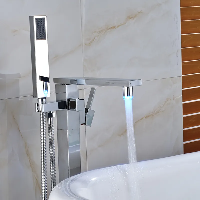 Nouveau Chrome moderne avec bec de cascade de couleur LED, robinet de baignoire de salle de bains, remplissage de baignoire carré debout avec pulvérisateur à main au sol Mou306r