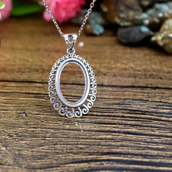 12x18mm Oval Cabochon Yarı Mount 925 STERLING Gümüş Kolye Art Nouveau Mücevher Dilgi Fine Gümüş Kadın Kolye Ayarları 3110