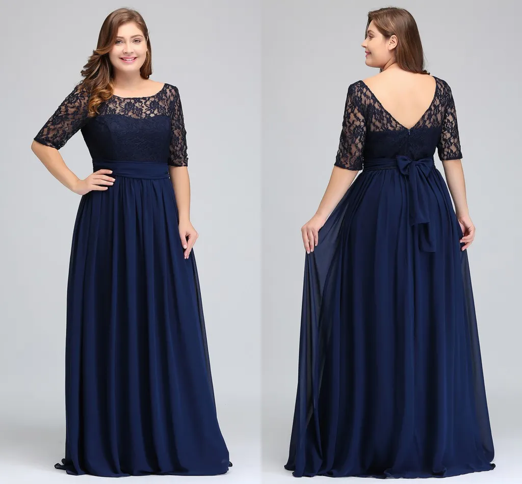 Dark Navy Black Burgundy Half Long Sleeves Plus Size Galajurken Lace Top A Line Chiffon V Back Mother of Bride Jurken Cheap Gowns CPS522