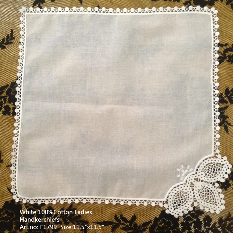 Fashion Ladies Handkerchiefs 11.5"x11.5"white 100% Cotton Wedding Handkerchief Embroidered white Lace Edges Hankies For Occasions