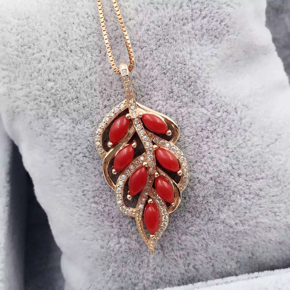Sterling Silver Red Coral Leaf Pendant