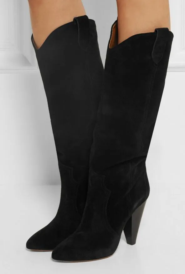 Design de mode noir daim cuir femmes chaussons talon aiguille chaussons bout pointu talons hauts mujer botas demi bottes femmes