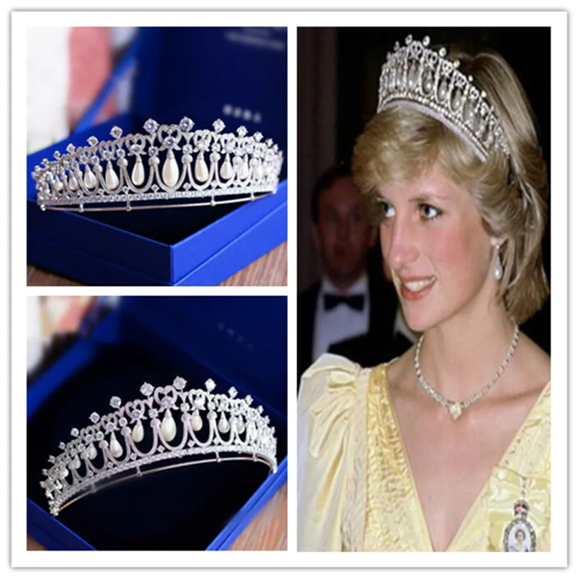Princesse Reine Diana Couronne Diadème Vintage Mariage De Mariée Cristal Strass Cheveux Accessoires Perle D'eau Douce Zircon Coiffe Bijoux Argent