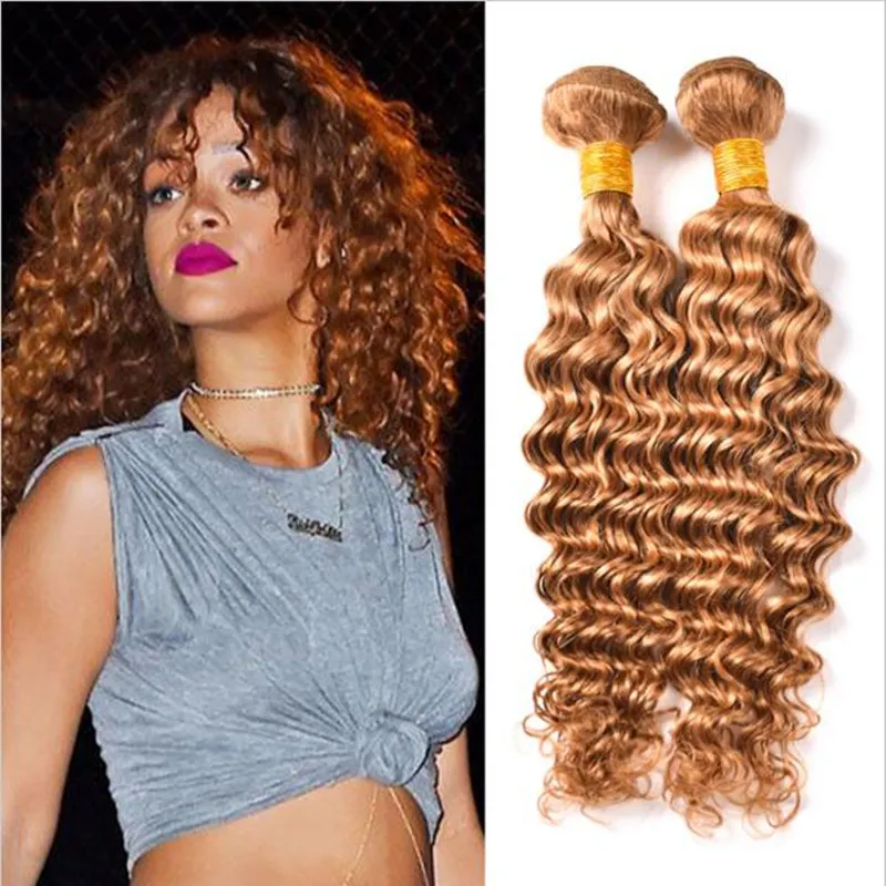 Partihandel 8a Brasilianskt mänskligt Virgin Hair # 27 Honey Blonde Bundlar 3pcs Lot djupt Loose Curly Hair Buntar Deep Wave Hair Extension