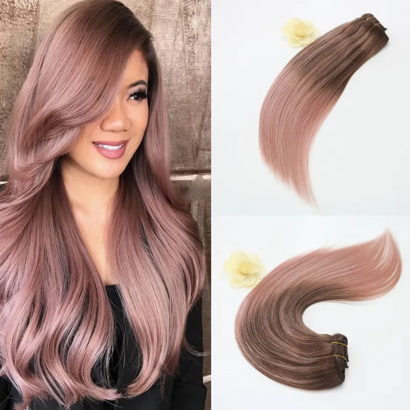 14-24inch 7Pcs 100g Full Set Clip in Hair Extensions Ombre Balayage Human Hair Clip in Human Hair Extensions Color Rose Gold