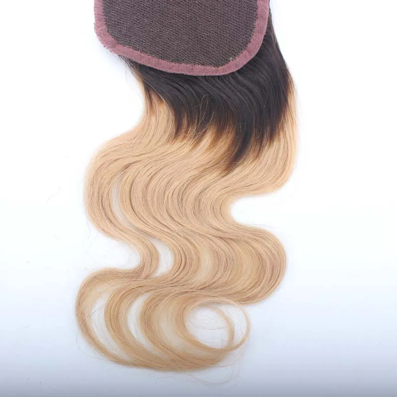 Donkere wortels #1b/27 ombre blonde Peruaanse haarsluiting Body Wave 4 x 4 Hoogdente Topsluiting