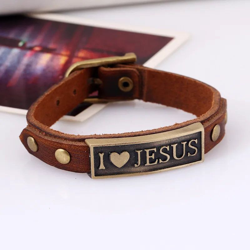 I Love Jesus Charm Armbanden Punk Retro Lederen Bangle voor Dames Mannen Party Club Mode-sieraden