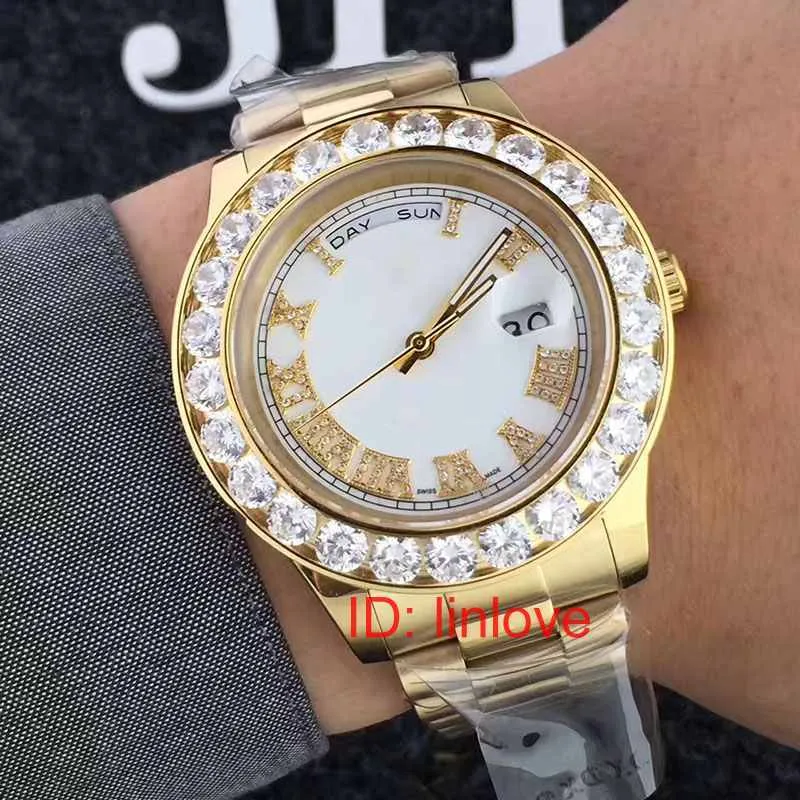 Luxe 18K Gold President Dag-Datum Grote Horloge Mannen Roestvrij Diamanten Wijzerplaat Diamond Bezel Automatische Designer Horloges Watch298A