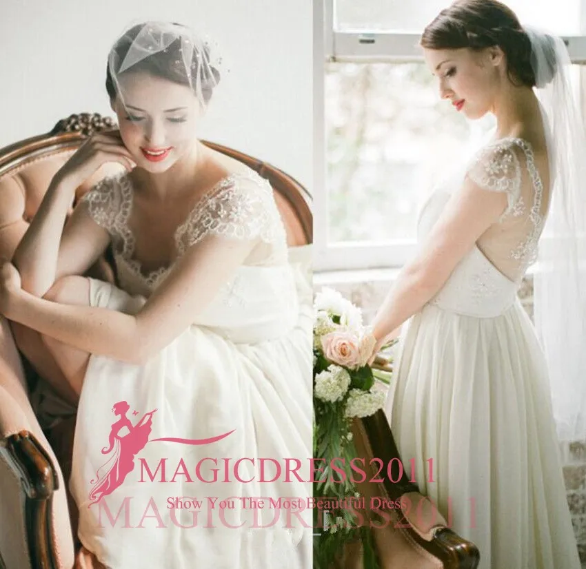 Robes de mariée élégantes 2019 gaine col en V manches courtes dos ouvert à volants plissé longue en mousseline de soie romantique bohème vintage robes de mariée