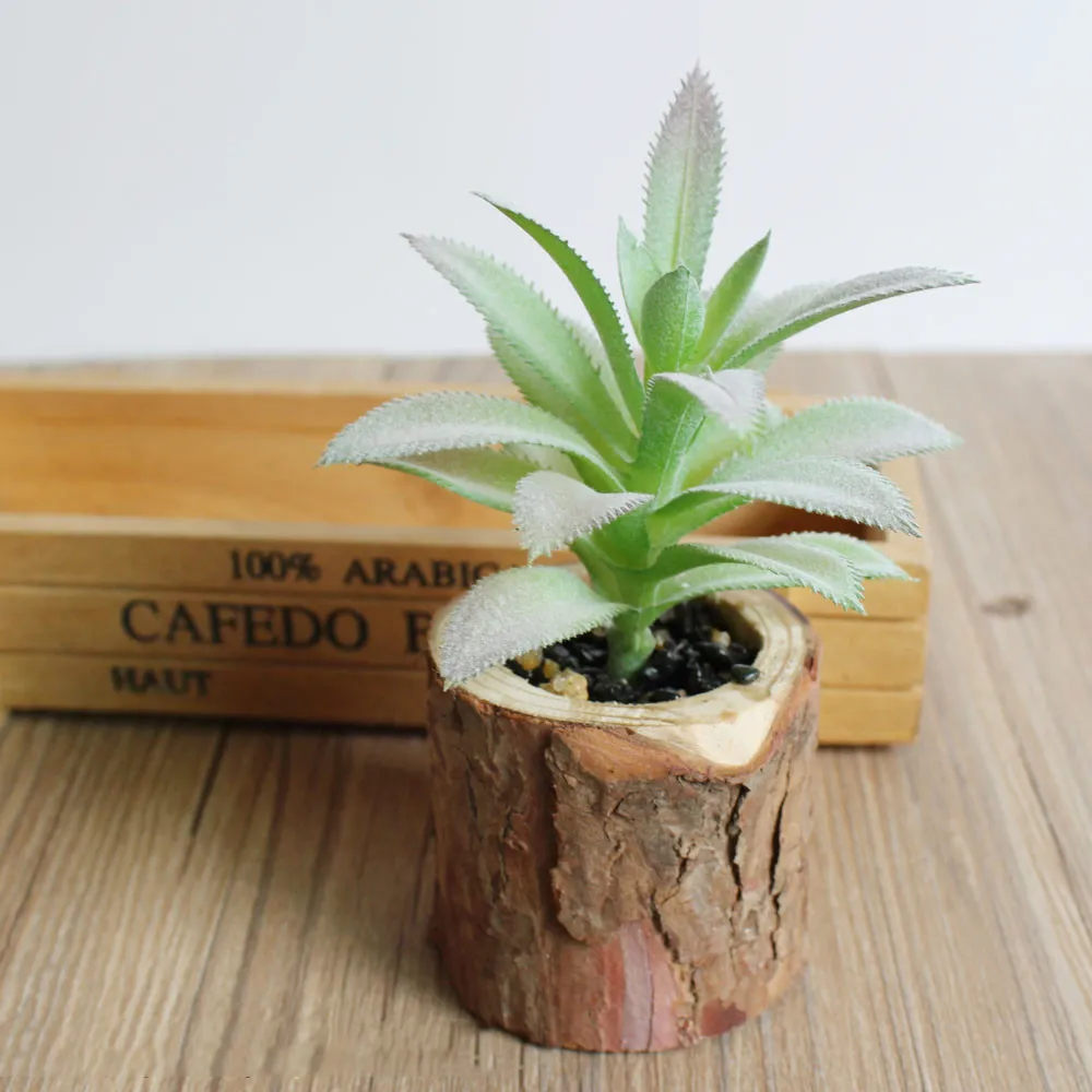 Cute Mini Pastoral Artificial Green Emulational Succulent Plants With Wooden Pots for Home Table Garden Wedding Table Christmas Party Decor