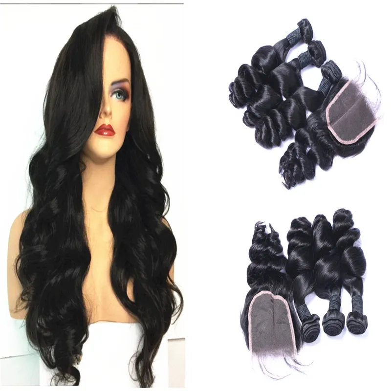 Best quality Brazilian Human Hair Weft Extensions 3 Bundles And Top Lace Closure4"x4" loose wave Wavy Natural Color 