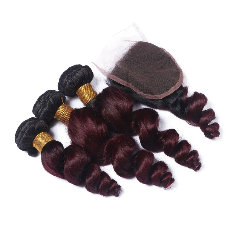 # 1B / 99J Wine Red Two Tone Ombre перуанский Virgin человеческих волос переплетений Свободные волны 3Bundles с 4x4 кружева Закрытие Dark Roots Burgundy Red