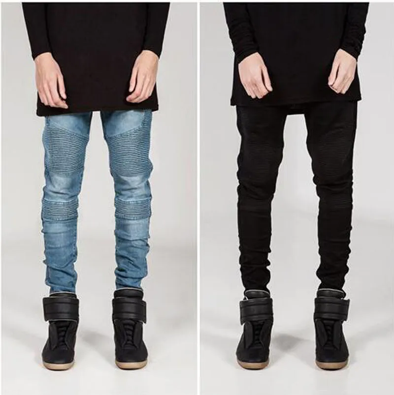 Mens Skinny jeans men new Runway Distressed slim elastic jeans denim Biker jeans hiphop pants Washed black for men blue hight quality