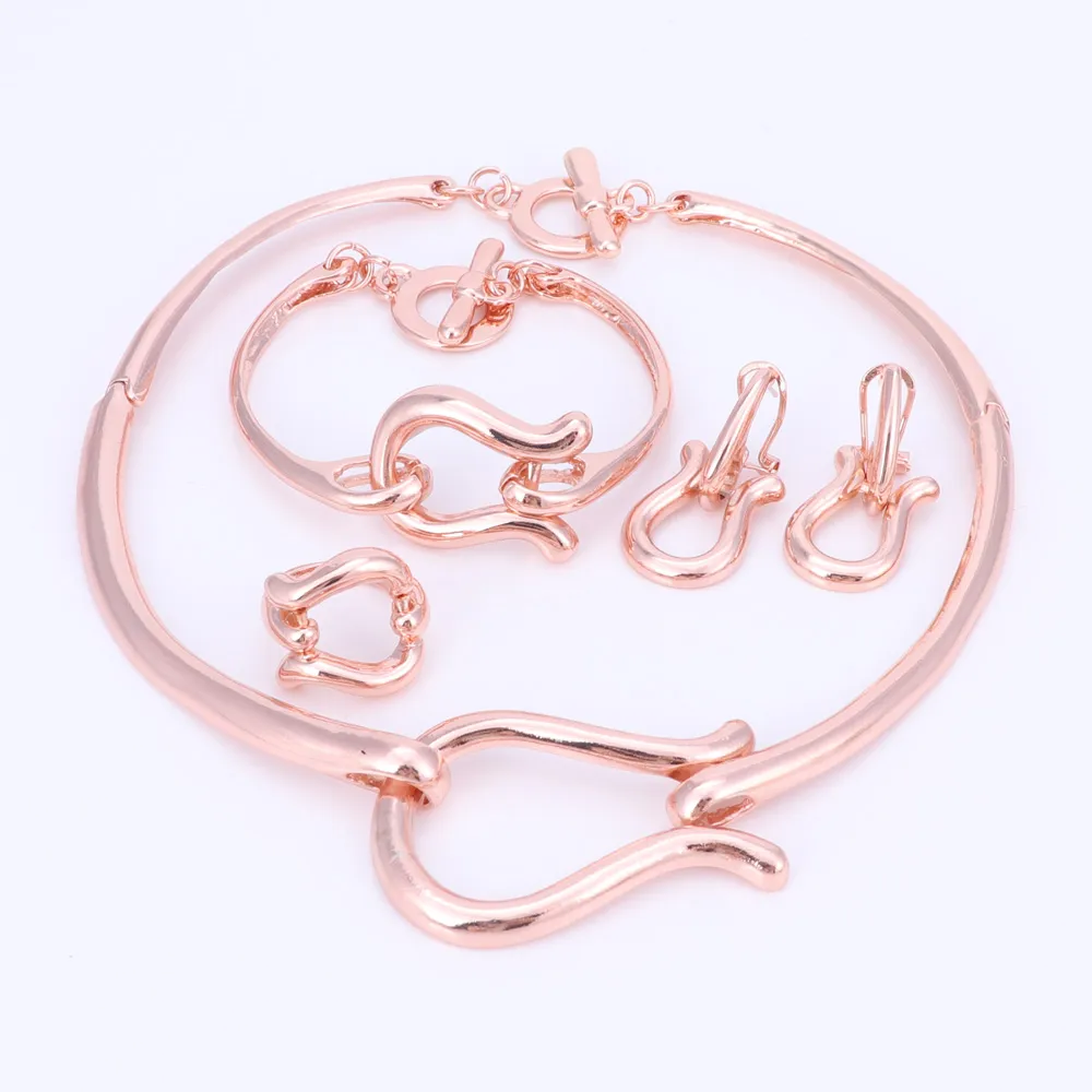 Afrikanische Schmuck-Sets für Damen, Roségold, modisch, Braut, Hochzeit, elegante romantische Hochzeit, Halskette, Ohrring, Armreif, Ring, Schmuck-Sets