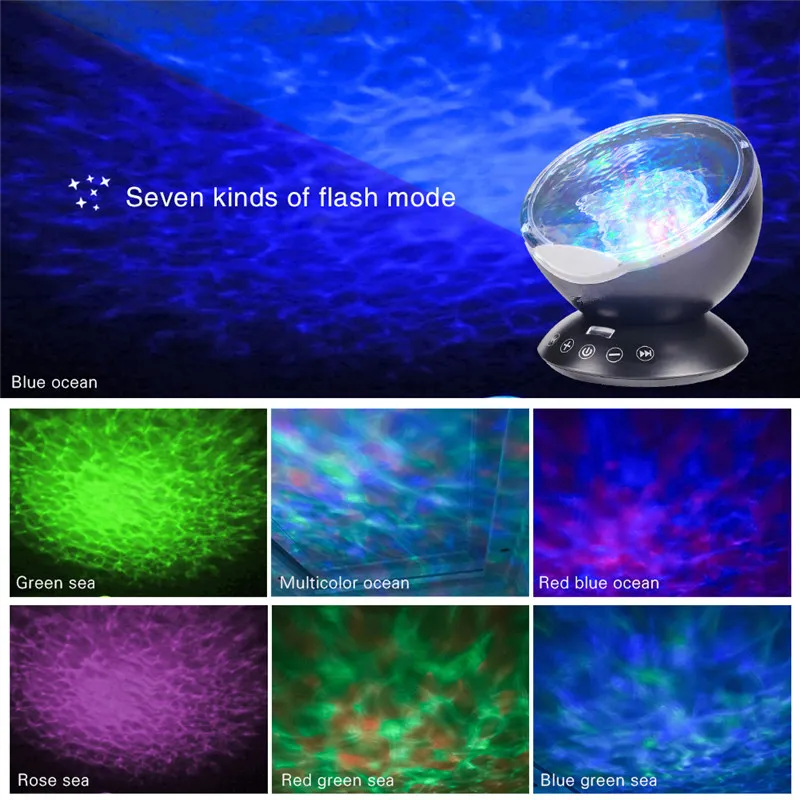 Erstaunlicher romantischer Ozeanwellen-Projektor mit Fernbedienung, 12 LEDs, 7 Farben, Nachtlicht mit integriertem Mini-Musik-Player für Wohnzimmer a9949915