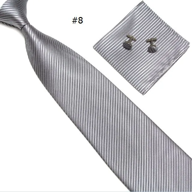 Neck tie Cuff Länkar Handkerchief Set 19 Färger Mäns Stripe Slips 145 * 10cm Solid Färg Slips för Fars Dag Mäns Business Tie