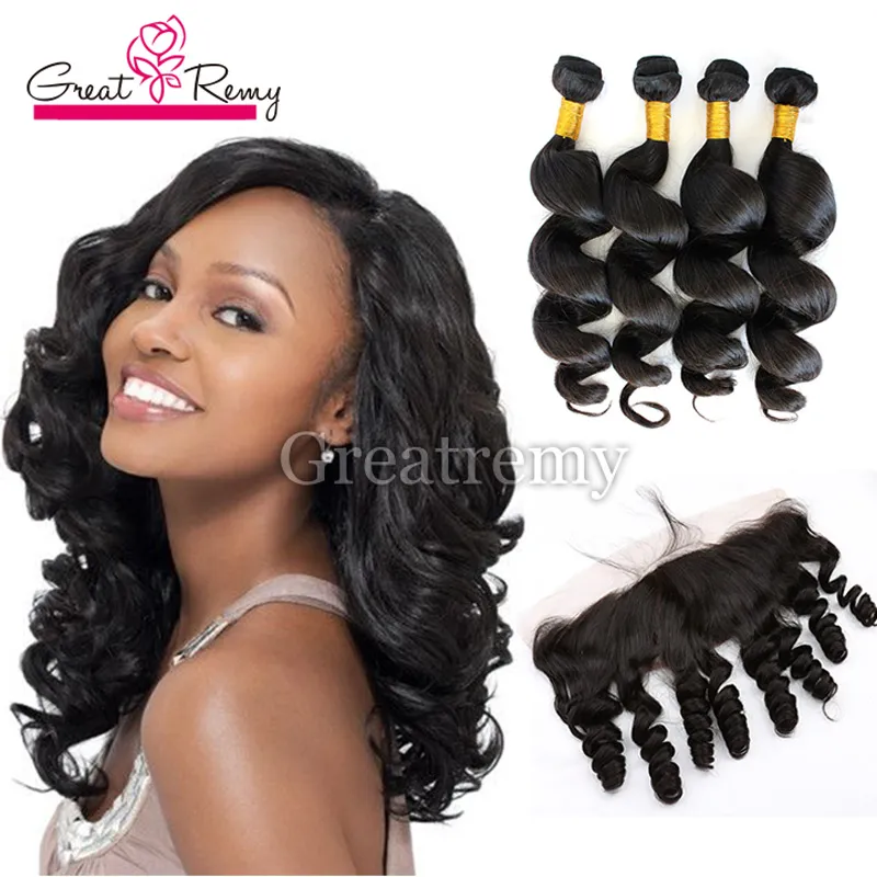 4PCs brasilianska lös våg mink hår wefts med 13x4 spets frontal stängning greatremy mink Virgin human hår buntar med öra till öron frontal