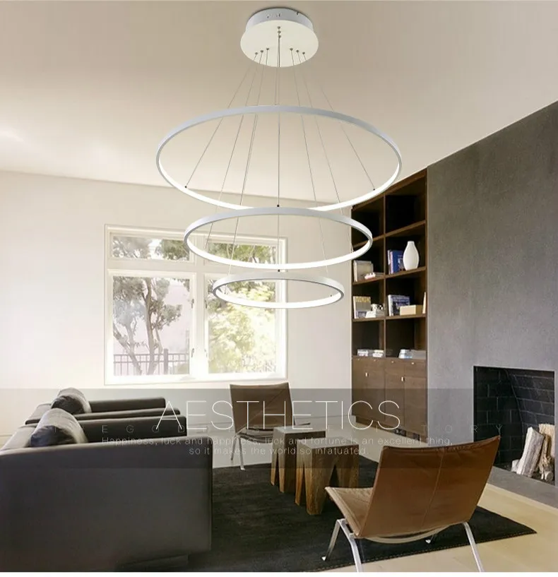 Lâmpadas de pingente modernas para sala de estar Jantar 3/2/1 Anéis de círculo de alumínio acrílico LED lâmpada de teto de iluminação
