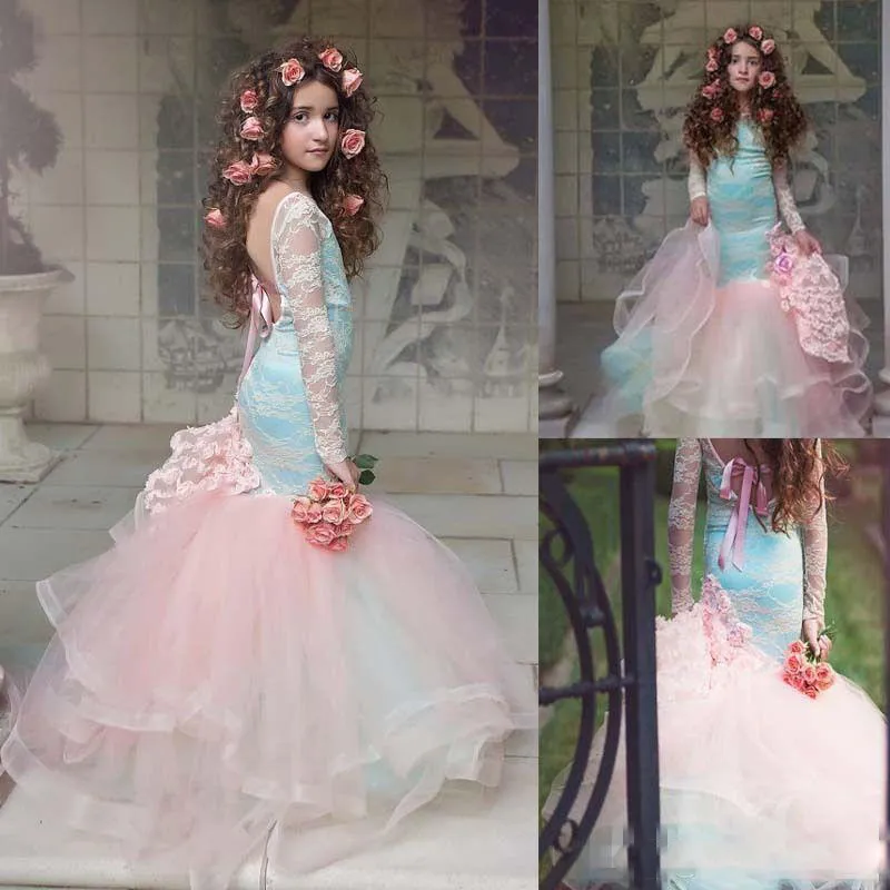 Gorgeous Blue And Pink Girls Pageant Gowns 2017 Lace Long Sleeves Backless Mermaid Flower Girl Dresses For Wedding Children Party Dresses
