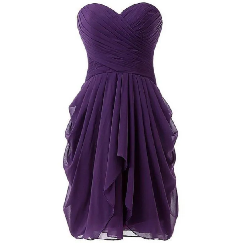 Vestidos de dama de honor cortos de color púrpura chifón cariño imagen real plisados ​​2018 venta de nuevos vestidos de fiesta de bodas