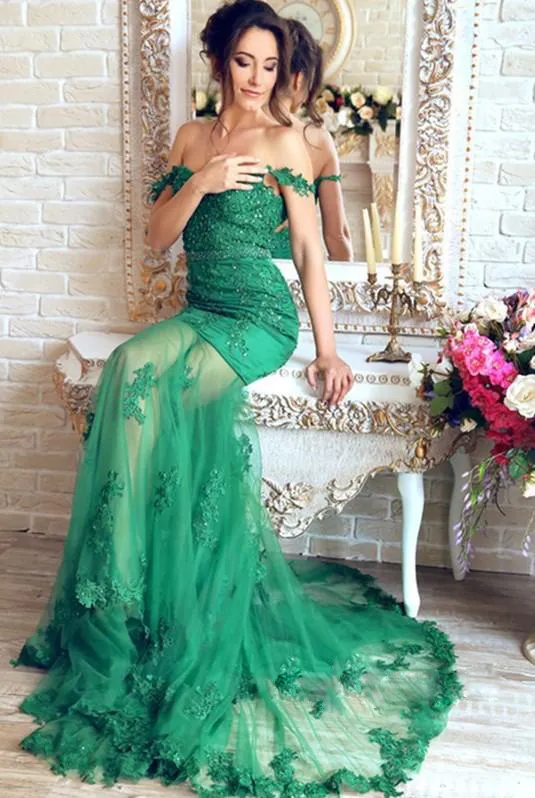 Superbes robes de bal de sirène verte col en V dentelle-appliques paillettes perlées robe de soirée sexy sans manches glamour longue queue robes de soirée en tulle