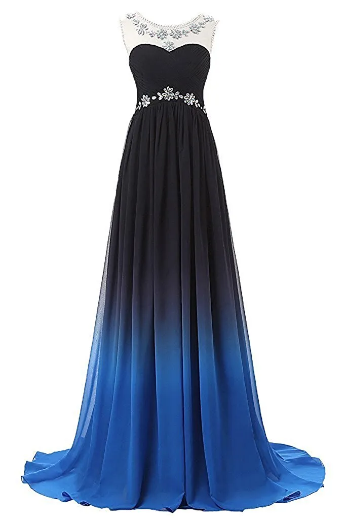 2017 Ny Chiffong Gradient Färg Beading Long Evening Formell Gown Prom Klänningar Golvlängd Party Gown QC440