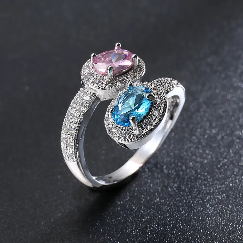 Anello da dito matrimonio con fidanzamento amante riempito in oro bianco con zirconi rosa blu Sz6107921305