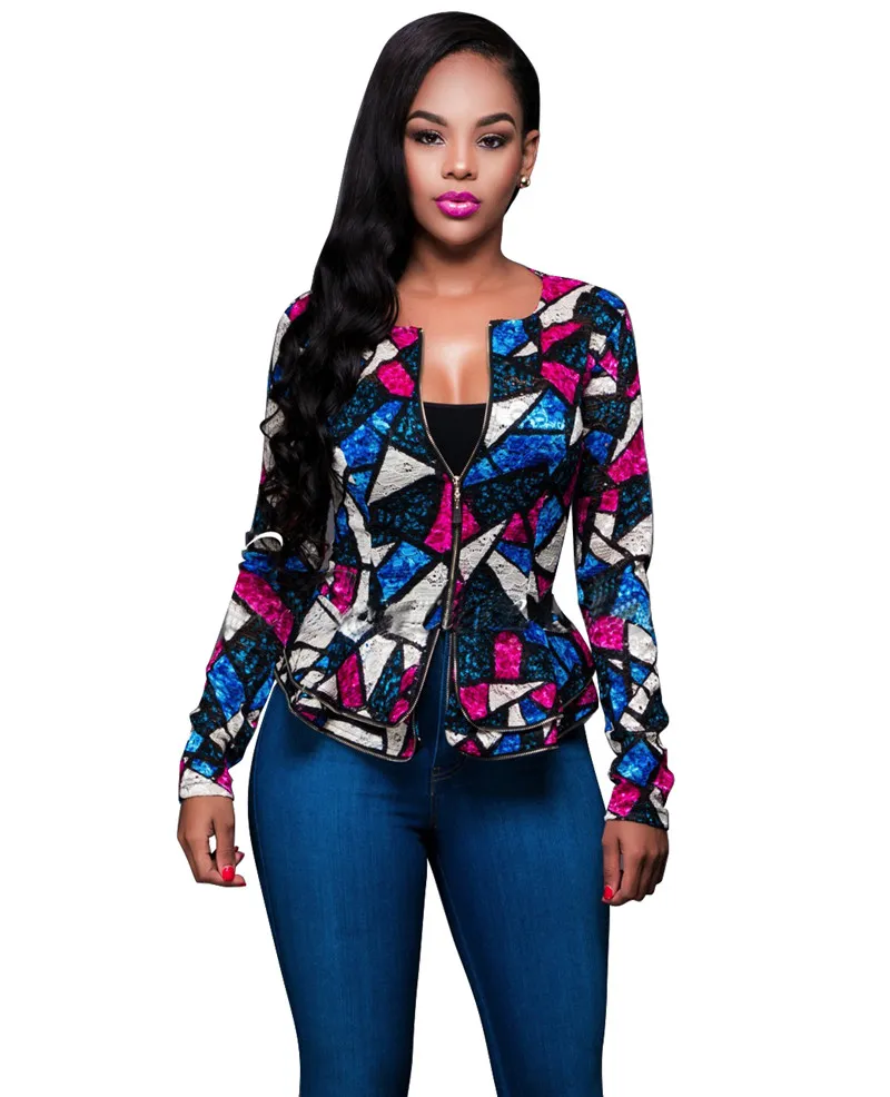 Gros- Femmes Manteaux De Base 2016 Automne À Manches Longues Coloré Bomber Veste Dentelle Patchwork Zipper À Volants Court Sexy Top Feminino Femmes Manteau