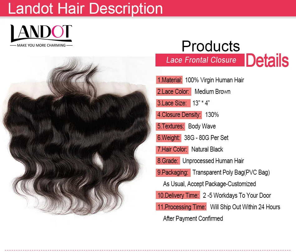 Cierre frontal de encaje Onda del cuerpo brasileño 13x4 Tamaño libre Medio 3 partes Frontal de encaje completo Cierres de cabello humano virgen brasileño Natural Negro