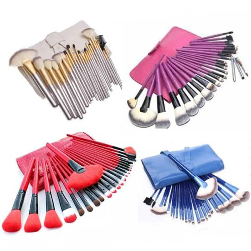 24 adet Kırmızı Mavi Mor Gümüş Derma Makyaj Fırça Setleri Profesyonel Kozmetik Fırçalar Set Kiti + Kılıfı Çanta Kılıfı Kadın Makyaj Araçları