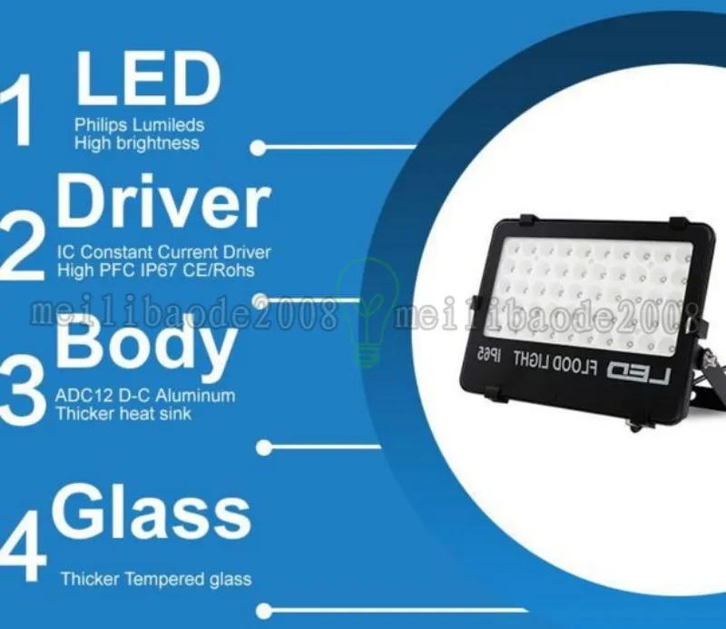 新しいデザインSMD LEDの屋外の照明10W 20W 30W 50W 100W 150Wの防水反射反射鏡の光照明高輝度AC85-265V MYY