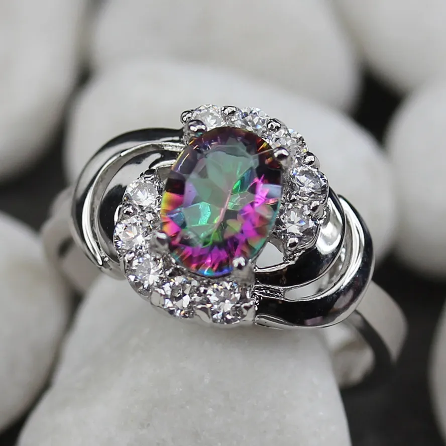 Bezel Setting Rhodium Plated Ring White and Rainbow Cubic Zirconia R781 Size #6 7 8 9 Romantic Style Women Jewelry Gift Rave reviews