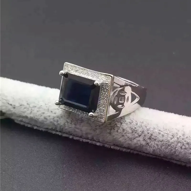 Anel de safira de luxo para homem 10 12mm genuíno safira preta pura 925 anel de homem de prata esterlina da maior safira chinesa mi289J
