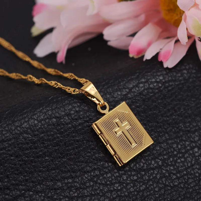 İncil 18K Sarı Altın GF Kutusu Açık Kolye Kolye Zincirleri Mücevherler Hıristiyanlık Katolikliği Haç Dini294n