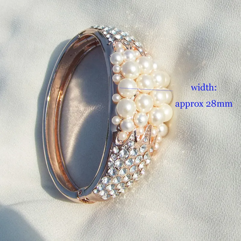 Design Top Qualität Rhinestone Faux Perle Hochzeit Armbänder Rose Gold Überzogene Metall Manschette Armband Für Frauen Braut Armreif Schmuck