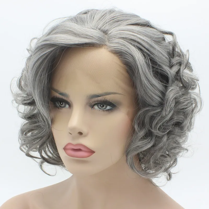 Iwona Hair Wavy Short 24 Old Grey Wig Half Hand Tied Heat Resistant Synthetic Lace Front Wig1457500