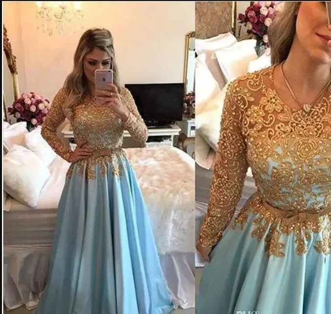 Encantadores vestidos de desfile de noche de encaje dorado azul claro, cinturón de cuentas de manga larga, vestidos de fiesta de país de Oriente Medio, vestido de fiesta