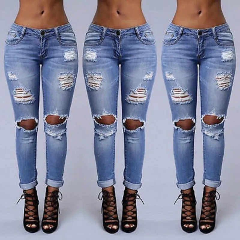 الجملة- 2016 الموضة للسيدات جينز ممزق ثقب الدنيم النحيف قطع بنطلون عالي الخصر الأزرق