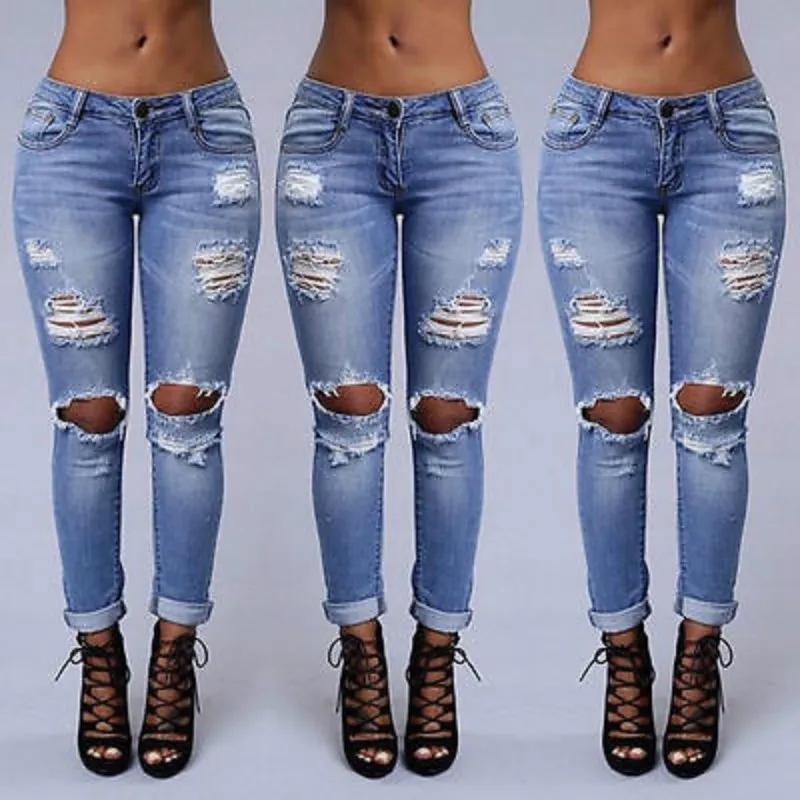 Toptan- 2016 moda kadın bayanlar kot pantolon yırtılmış sıska denim deliği kesilmiş yüksek bel pantolon mavi