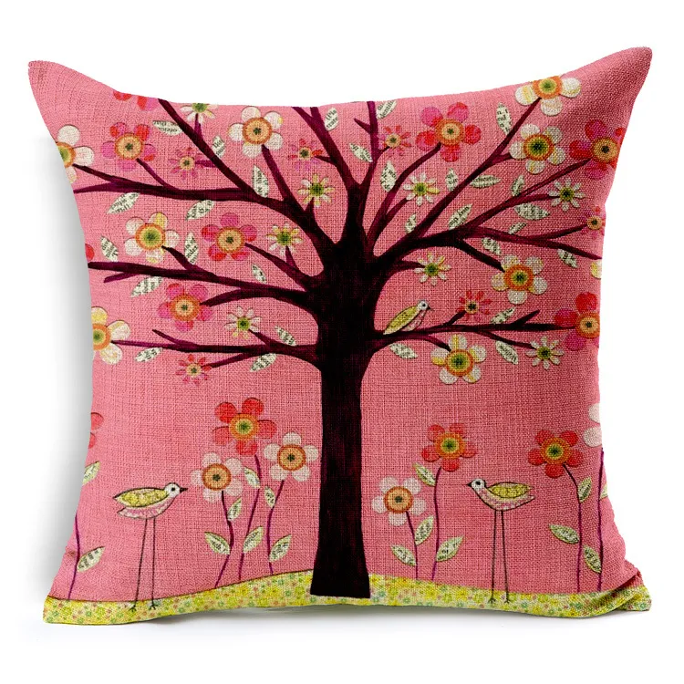 Trees Cushion Cover Square Cotton Linen Pillow Cover Fresh Flowers Trees Throw Pillow Cases for Living Room