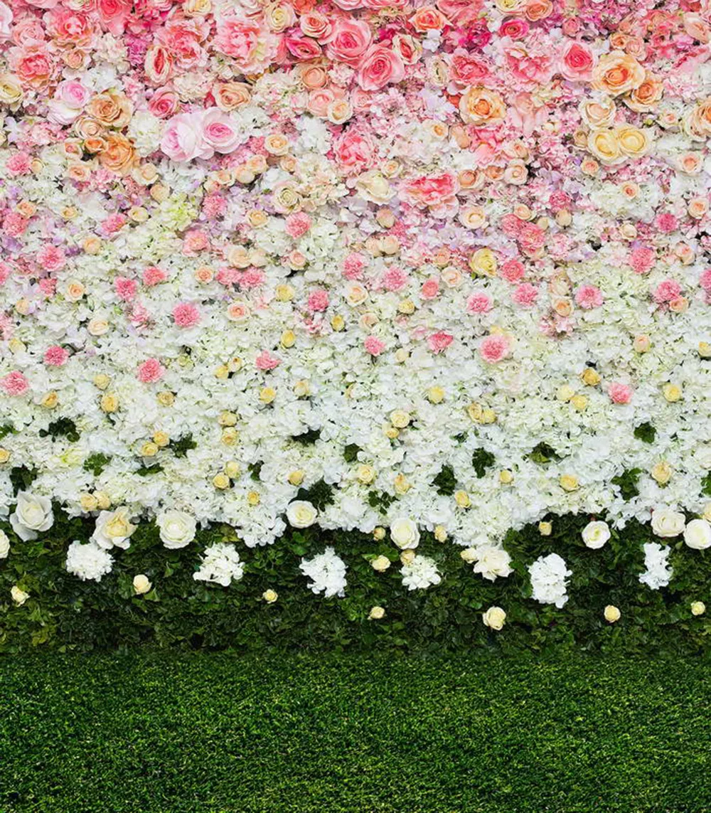 Dijital Baskılı Pembe Beyaz Çiçekler Duvar Zemin Düğün Fotoğrafçılığı için Bahar Güller Çiçekleri Bebek Çocuklar Çiçek Arka Plan Yeşil Çim Kat